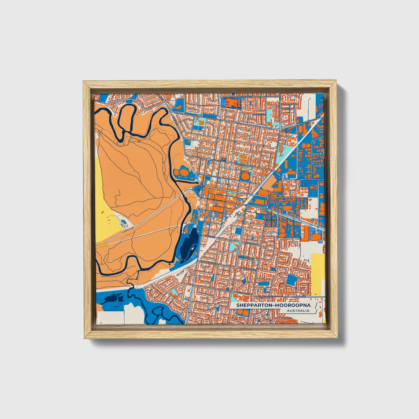 Shepparton–Mooroopna Australia Colorful City Map Canvas Print • Natural Wooden Framed