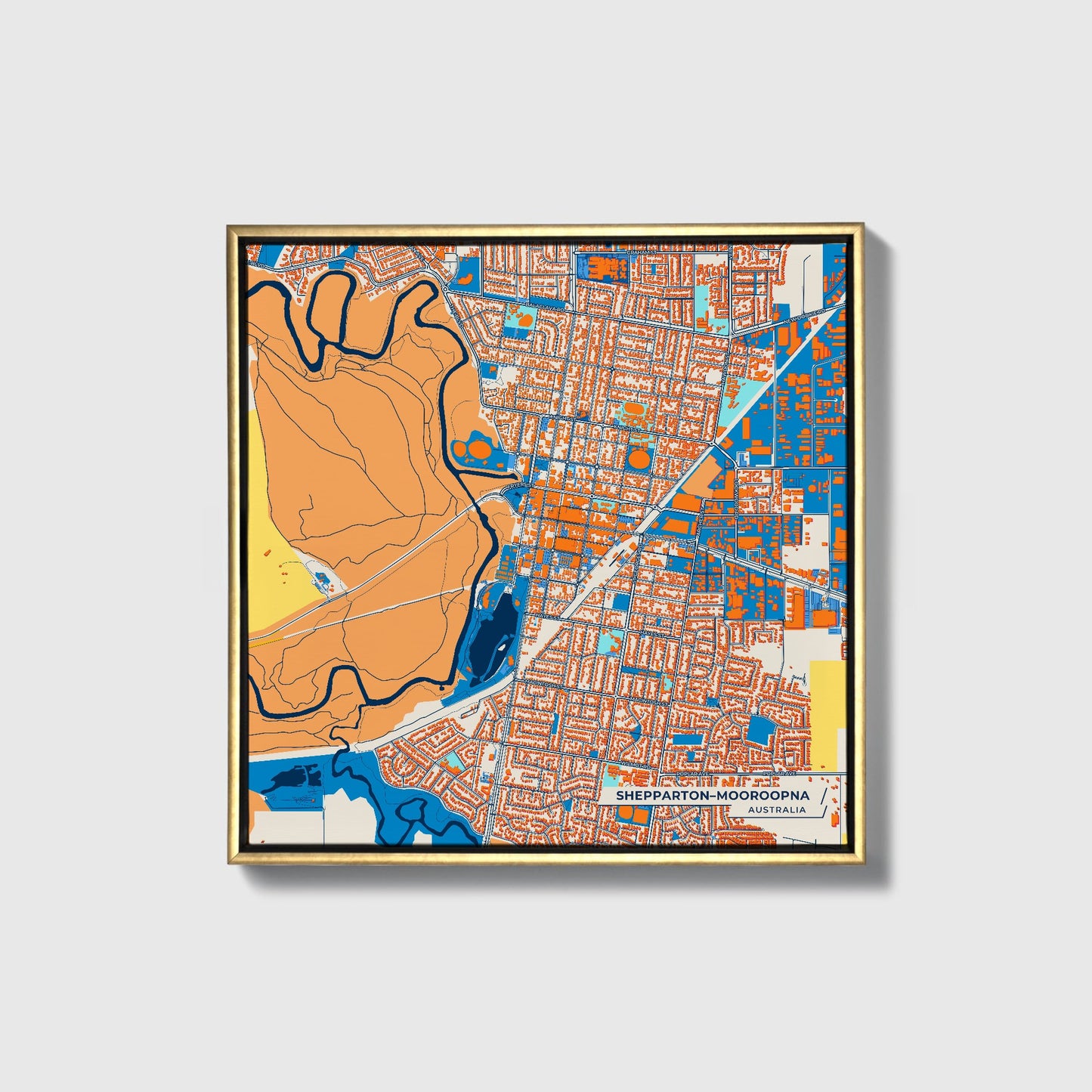 Shepparton–Mooroopna Australia Colorful City Map Canvas Print • Gold Framed