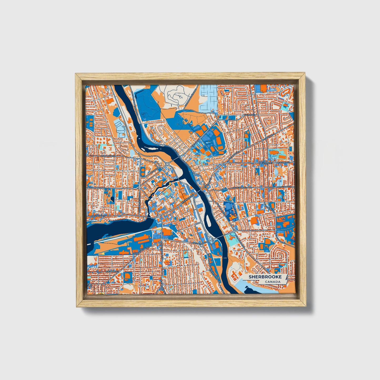 Sherbrooke Canada Colorful City Map Canvas Print • Natural Wooden Framed