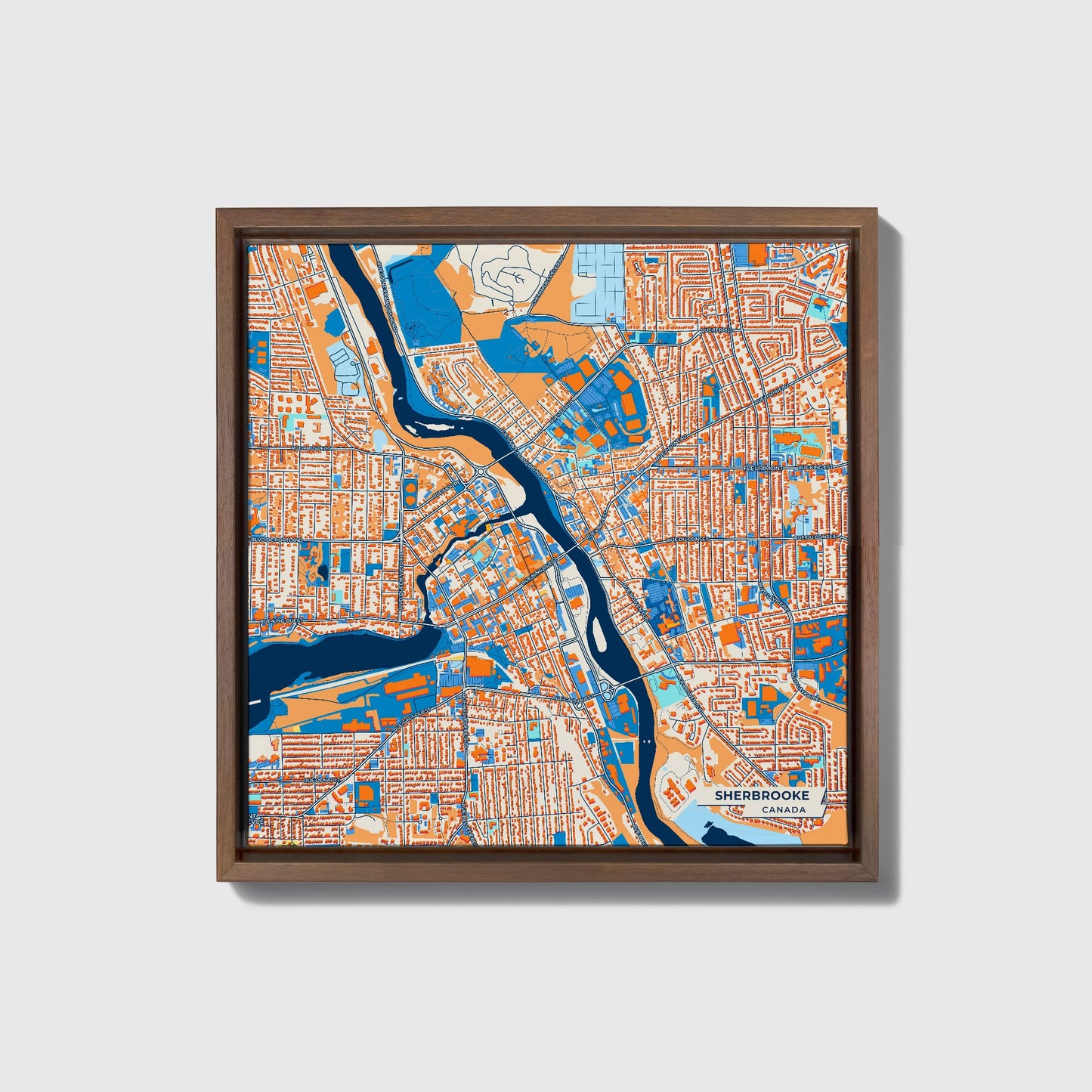Sherbrooke Canada Colorful City Map Canvas Print • Dark Wooden Framed