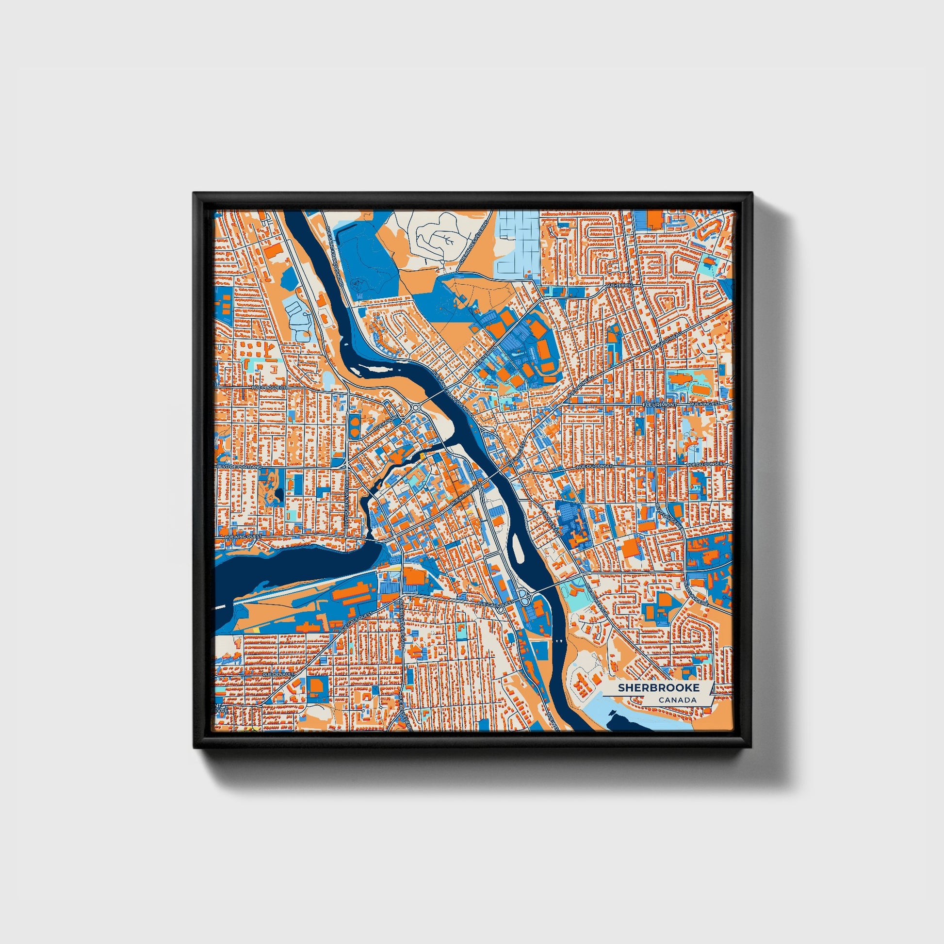 Sherbrooke Canada Colorful City Map Canvas Print • Black Framed