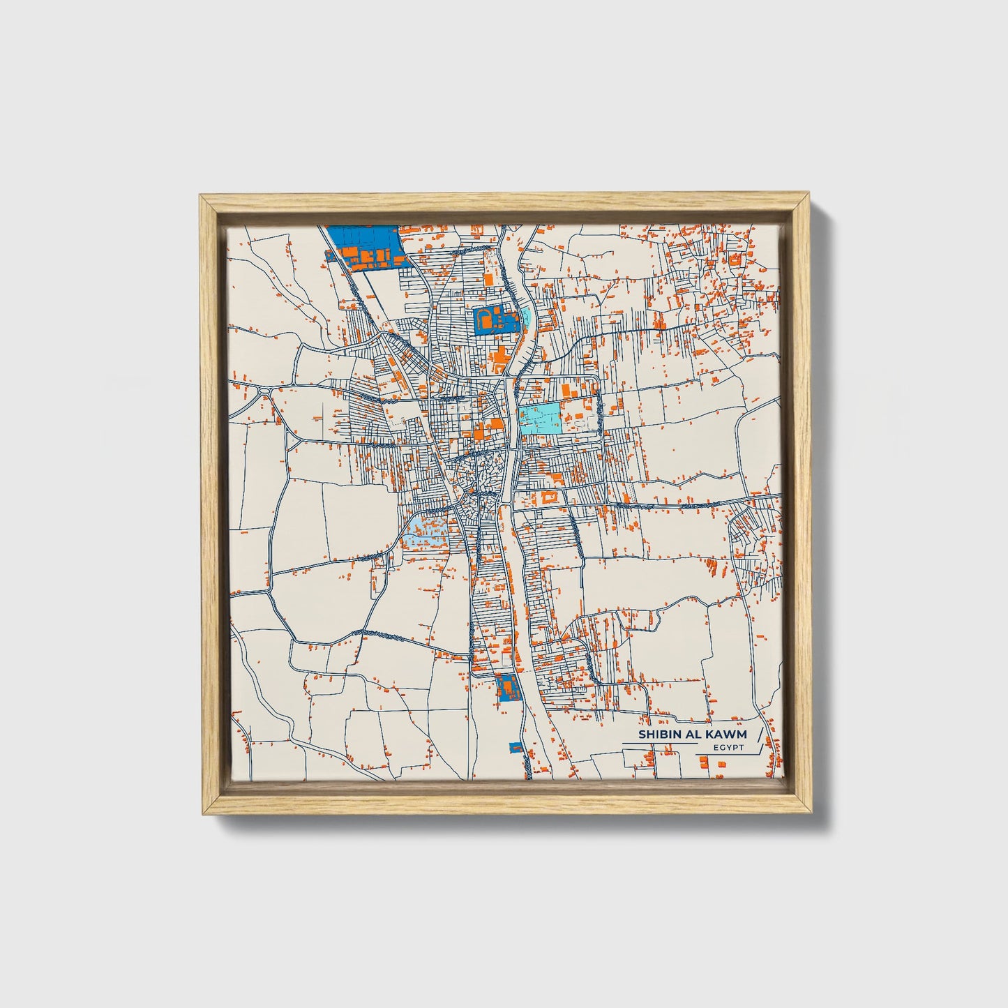 Shibin Al Kawm Egypt Colorful City Map Canvas Print • Natural Wooden Framed