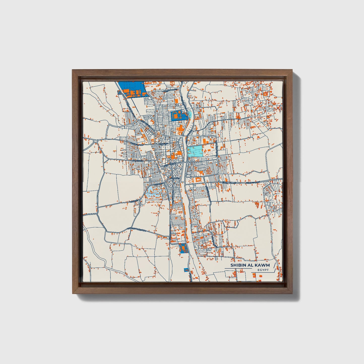 Shibin Al Kawm Egypt Colorful City Map Canvas Print • Dark Wooden Framed