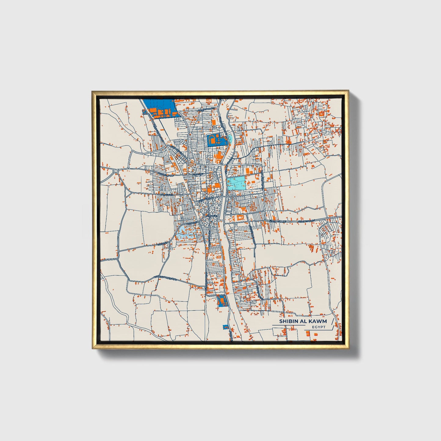 Shibin Al Kawm Egypt Colorful City Map Canvas Print • Gold Framed