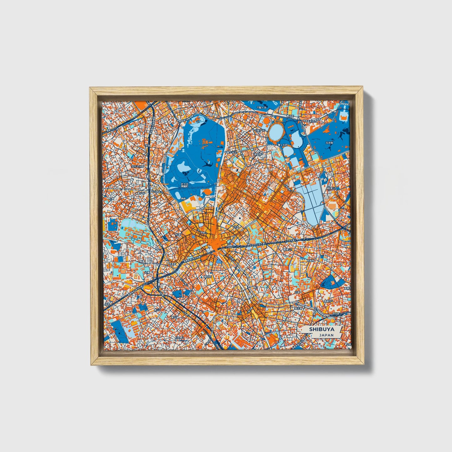 Shibuya Japan Colorful City Map Canvas Print • Natural Wooden Framed