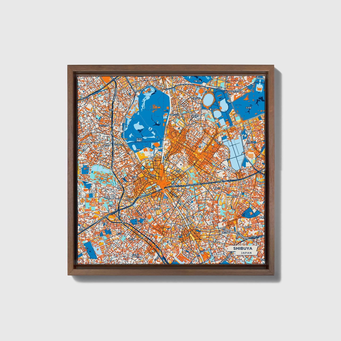 Shibuya Japan Colorful City Map Canvas Print • Dark Wooden Framed