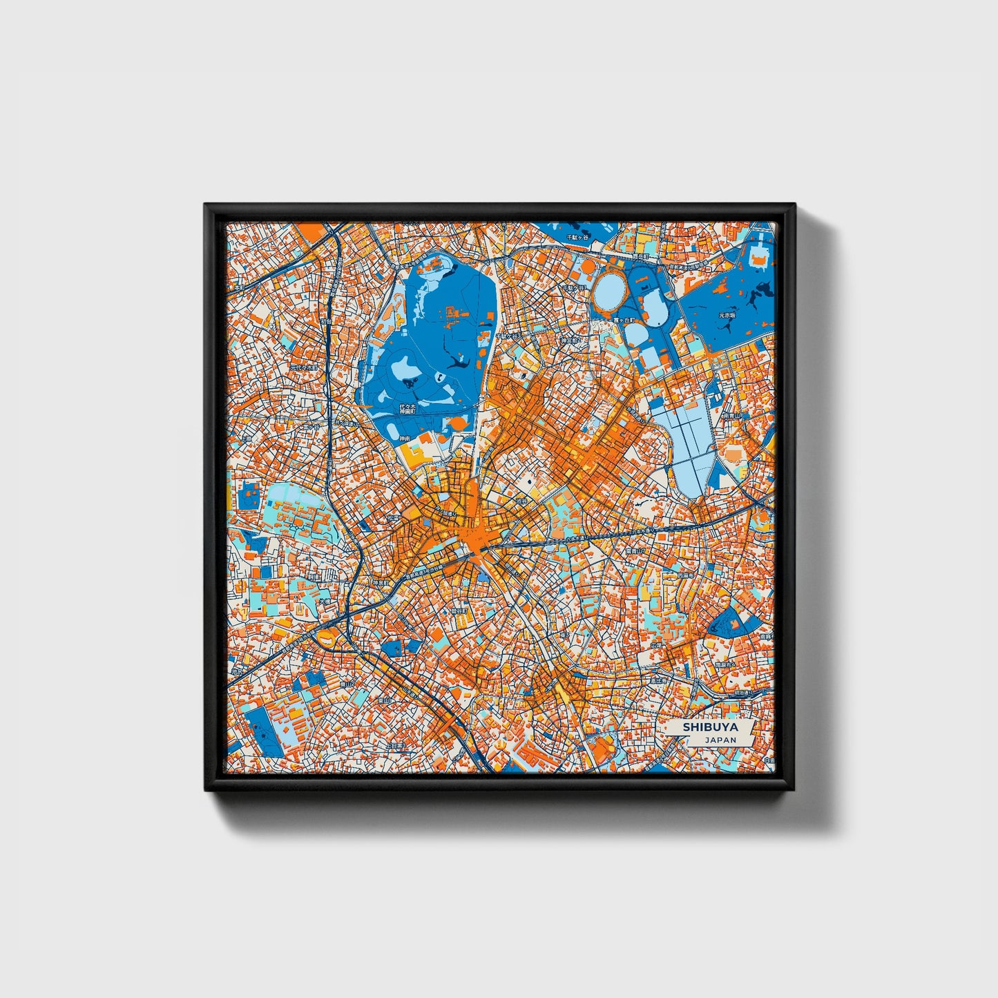 Shibuya Japan Colorful City Map Canvas Print • Black Framed
