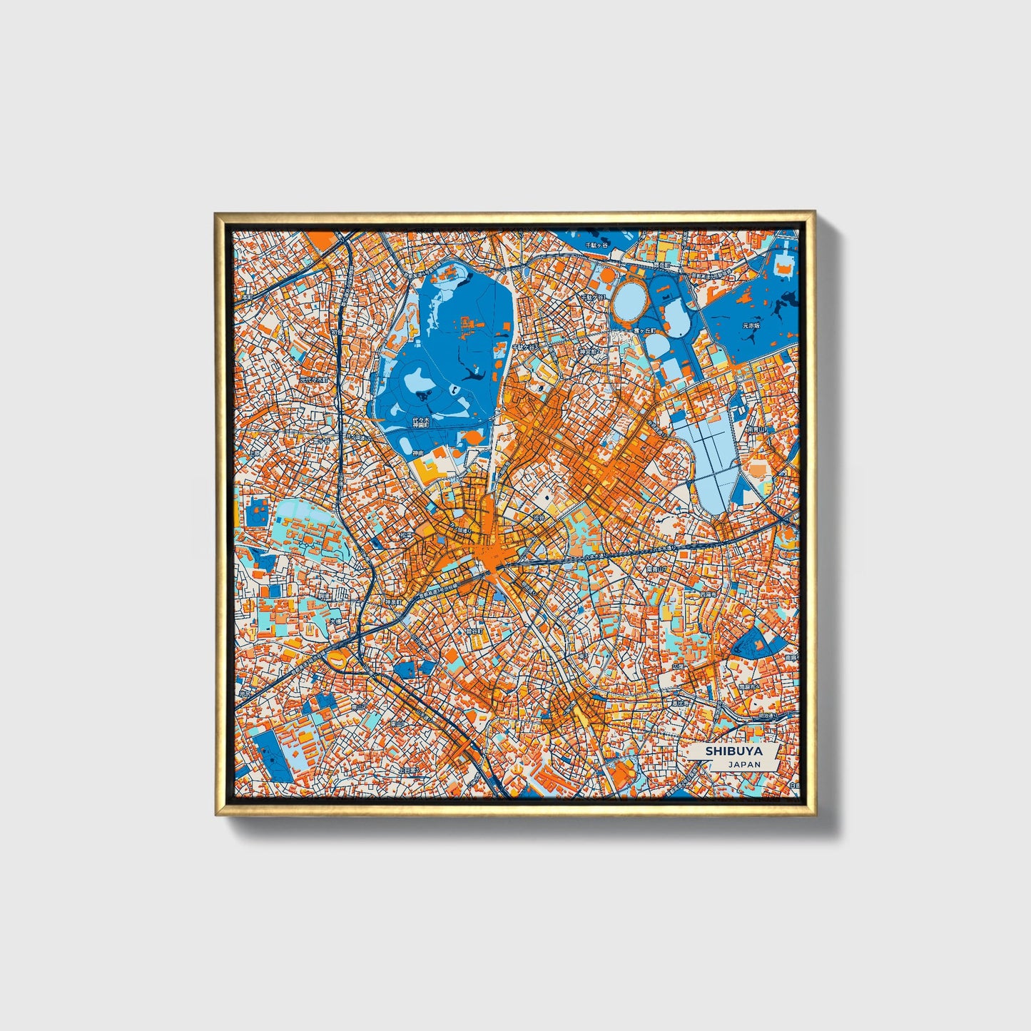 Shibuya Japan Colorful City Map Canvas Print • Gold Framed