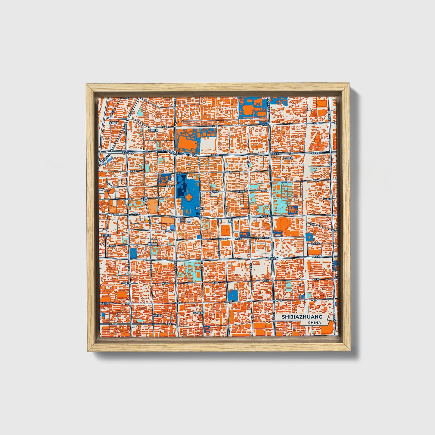 Shijiazhuang China Colorful City Map Canvas Print • Natural Wooden Framed