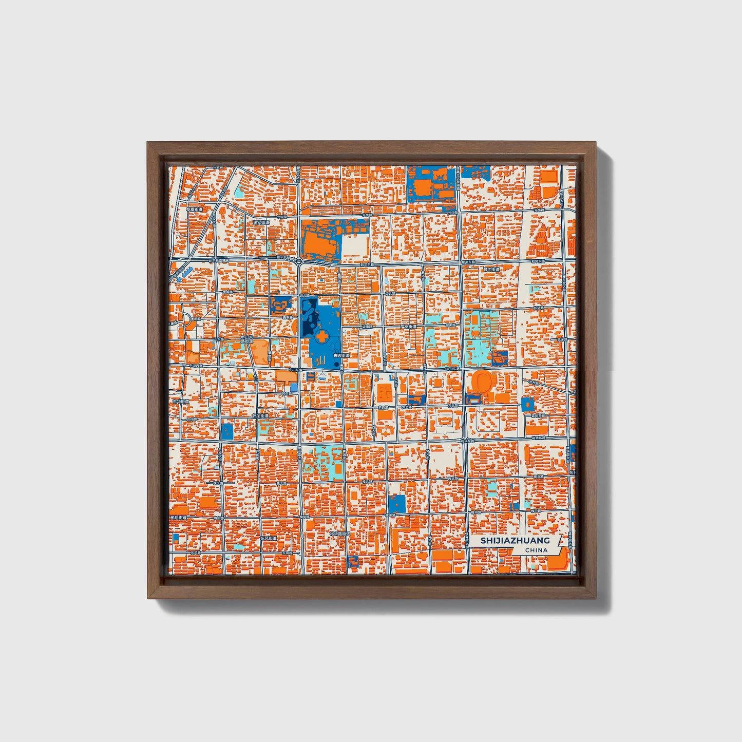Shijiazhuang China Colorful City Map Canvas Print • Dark Wooden Framed