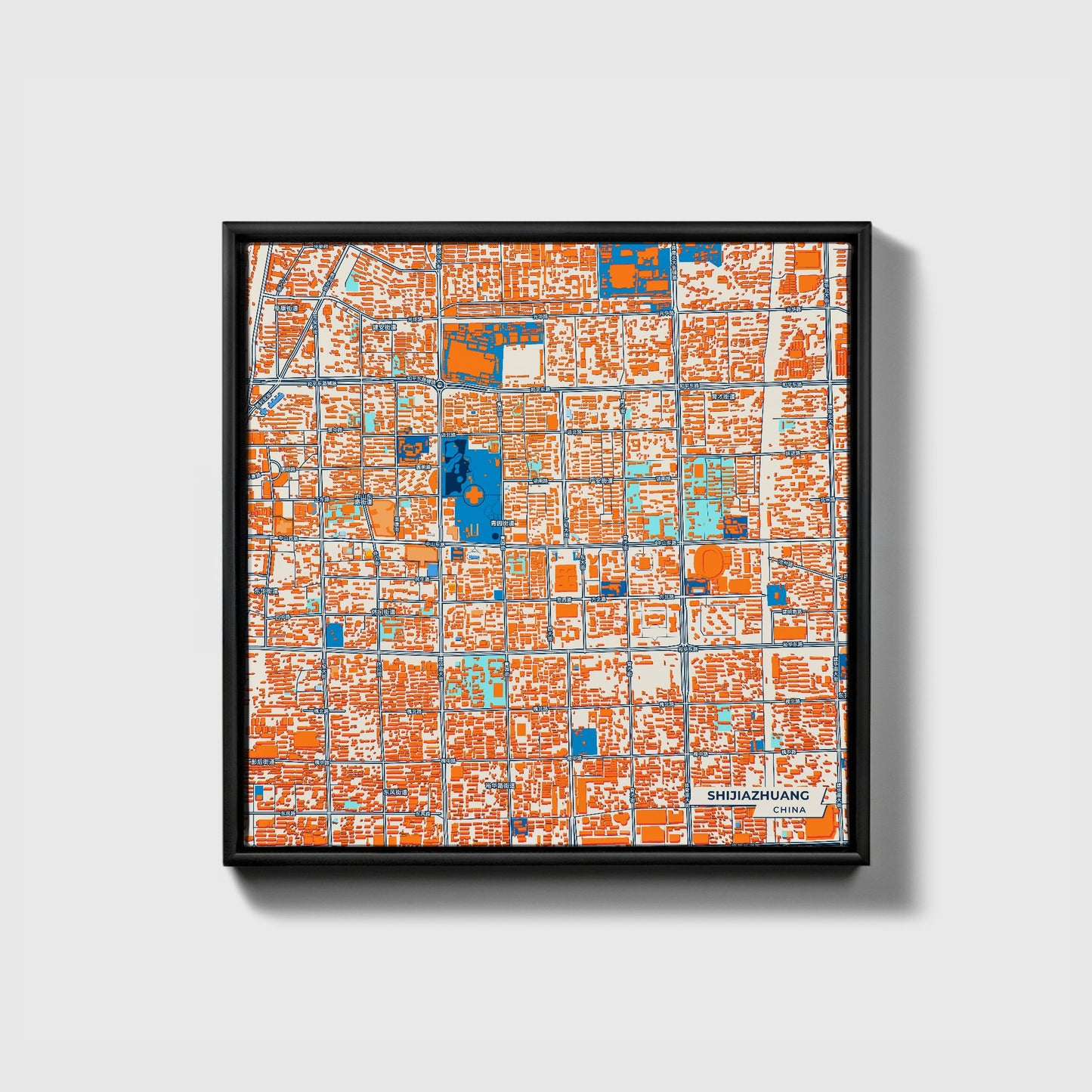 Shijiazhuang China Colorful City Map Canvas Print • Black Framed