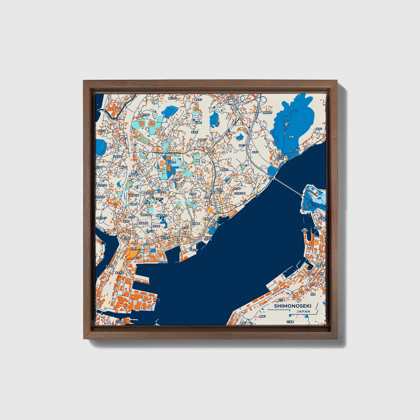 Shimonoseki Japan Colorful City Map Canvas Print • Dark Wooden Framed