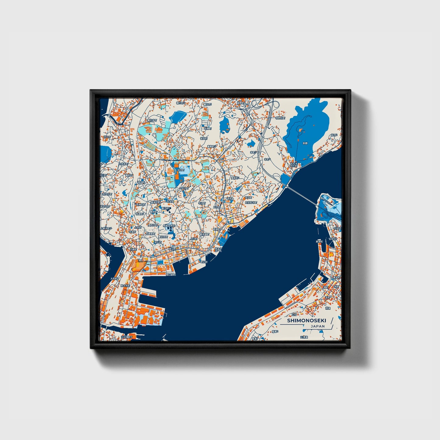 Shimonoseki Japan Colorful City Map Canvas Print • Black Framed