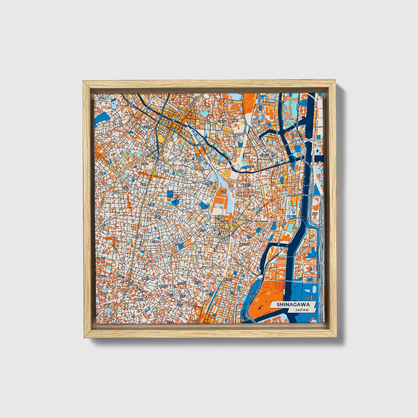 Shinagawa Japan Colorful City Map Canvas Print • Natural Wooden Framed