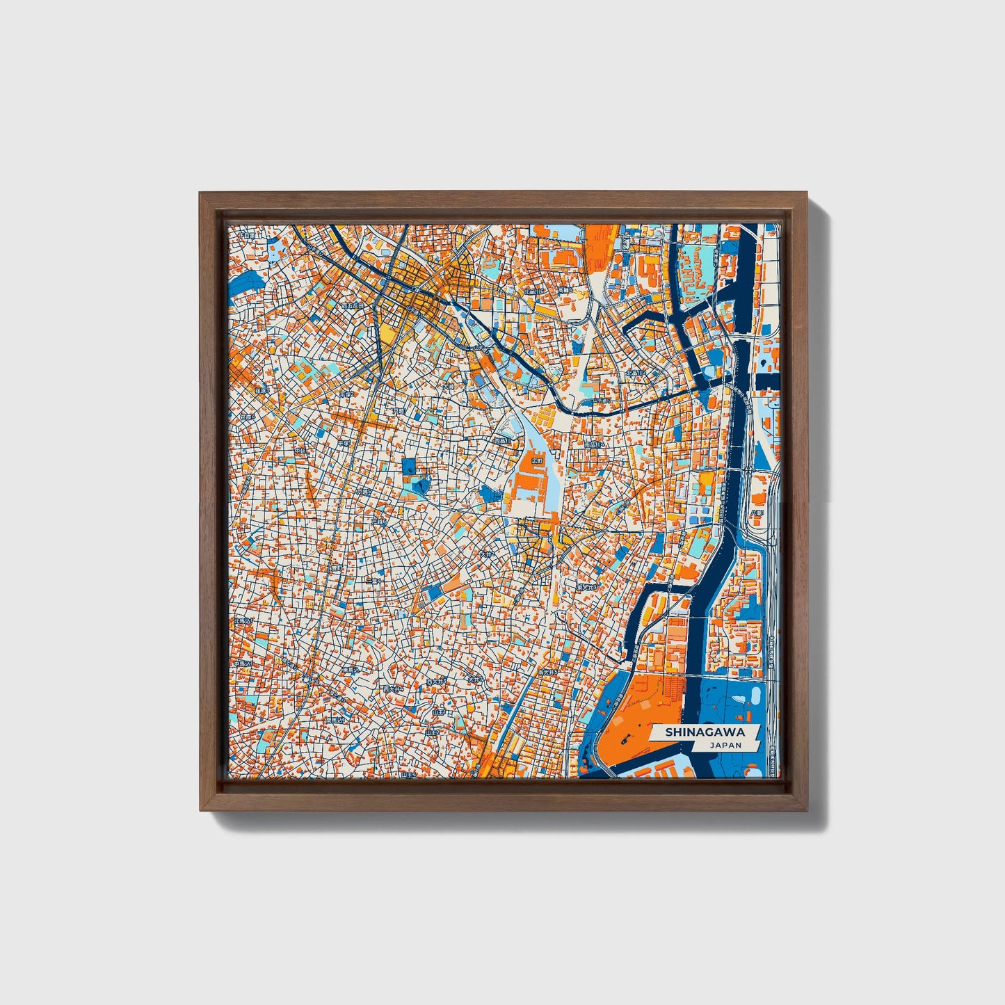 Shinagawa Japan Colorful City Map Canvas Print • Dark Wooden Framed