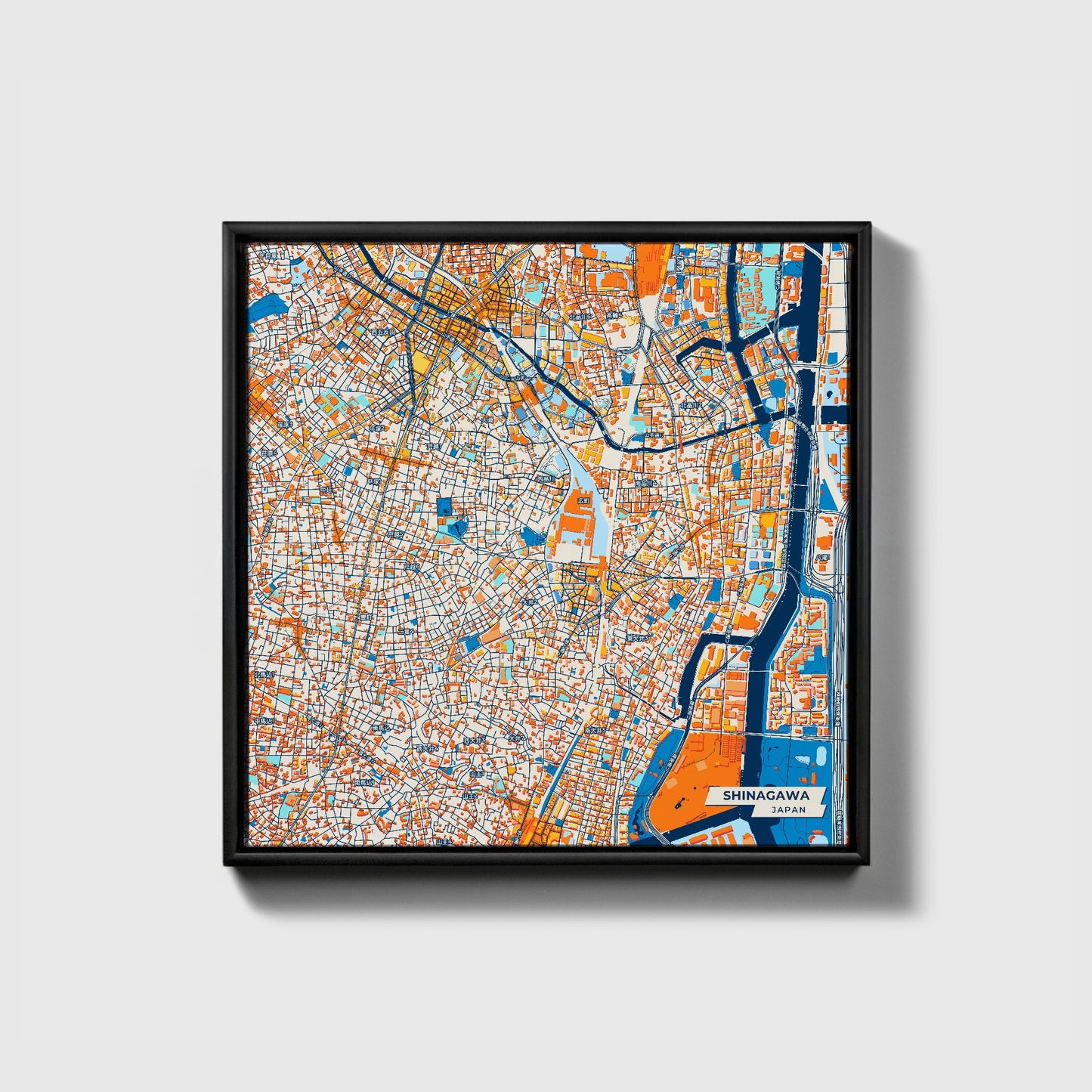 Shinagawa Japan Colorful City Map Canvas Print • Black Framed