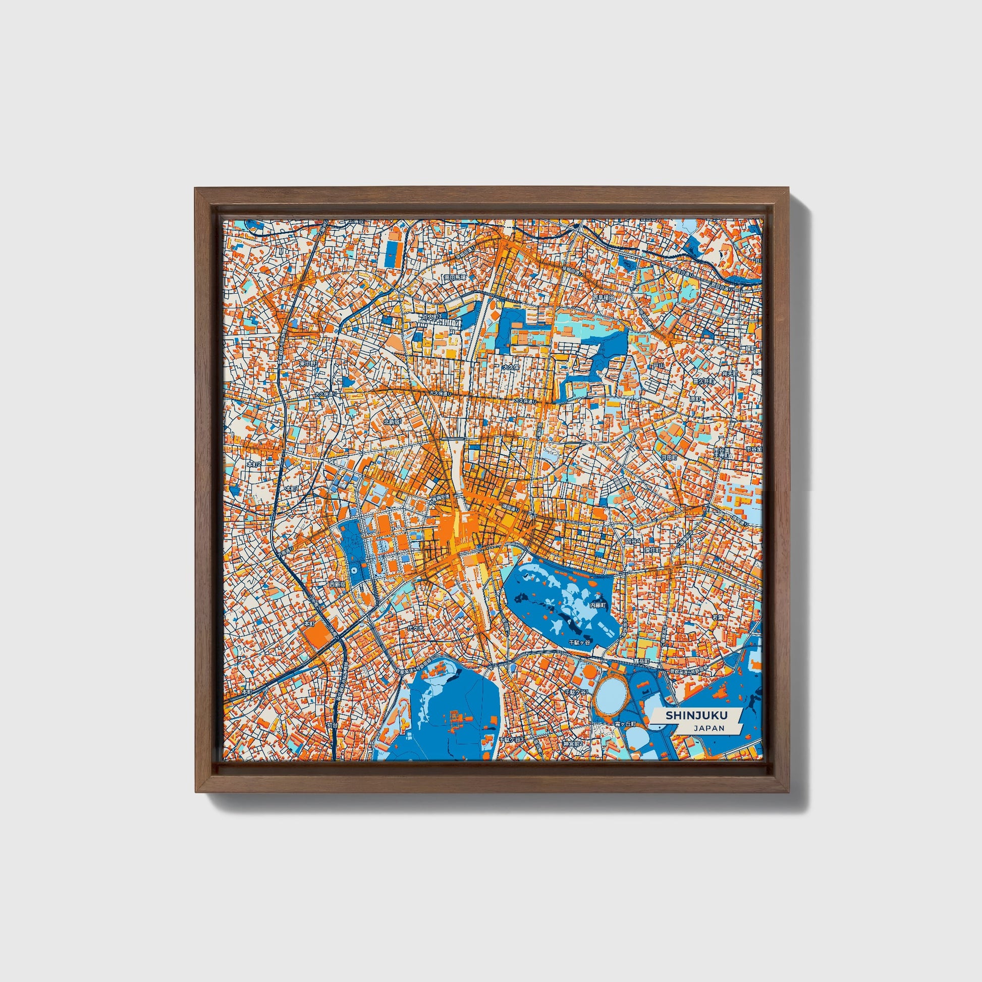 Shinjuku Japan Colorful City Map Canvas Print • Dark Wooden Framed