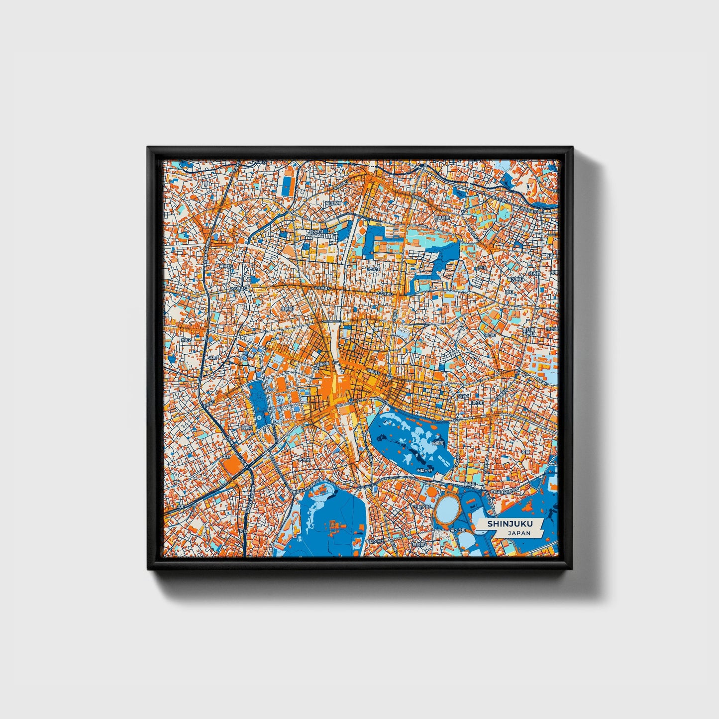 Shinjuku Japan Colorful City Map Canvas Print • Black Framed