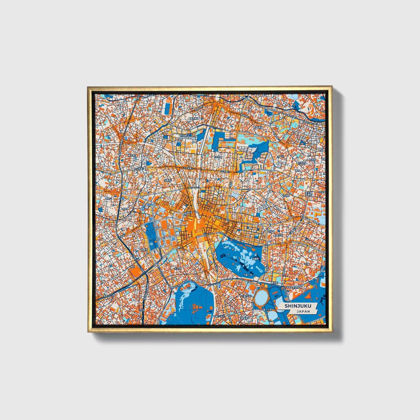 Shinjuku Japan Colorful City Map Canvas Print • Gold Framed