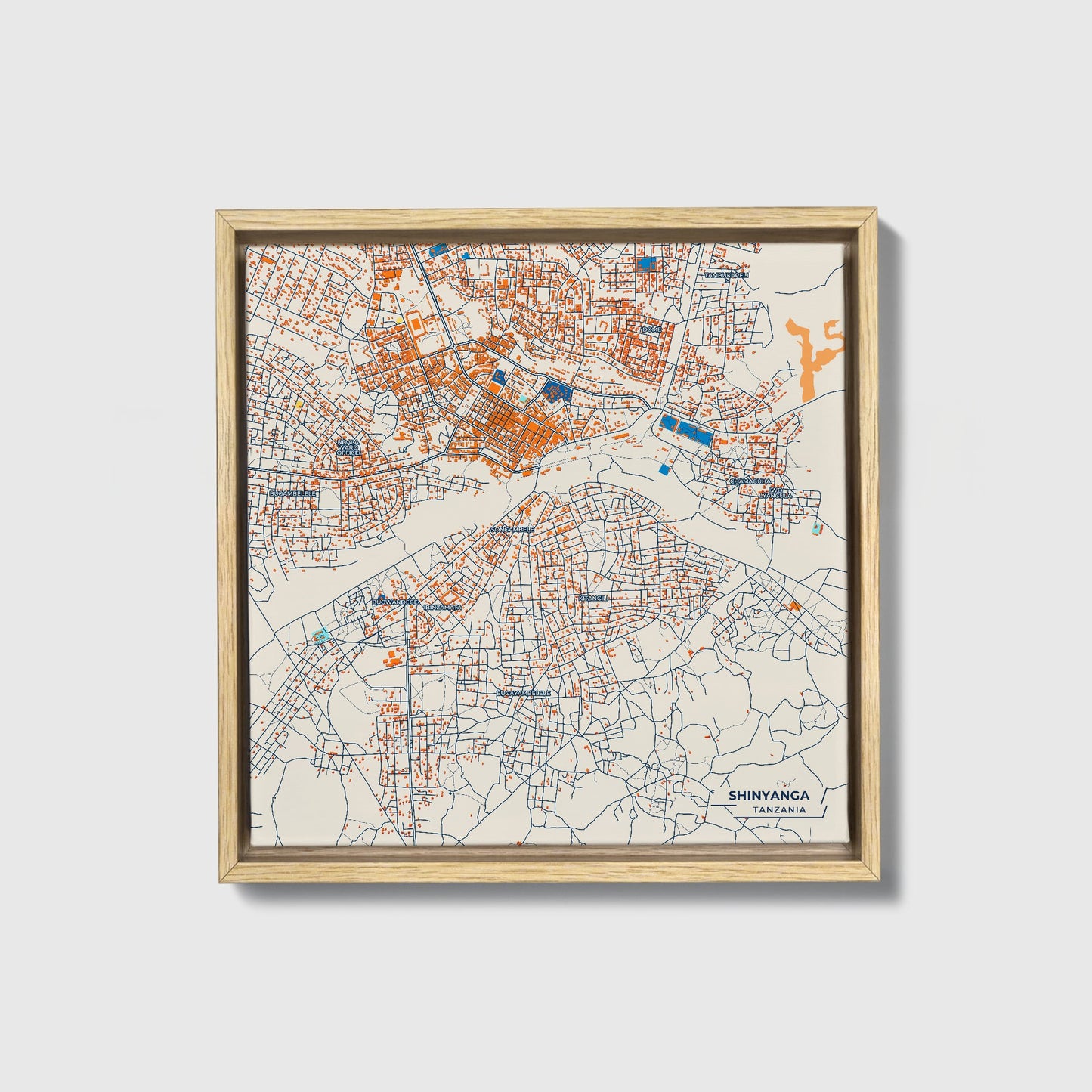 Shinyanga Tanzania Colorful City Map Canvas Print • Natural Wooden Framed