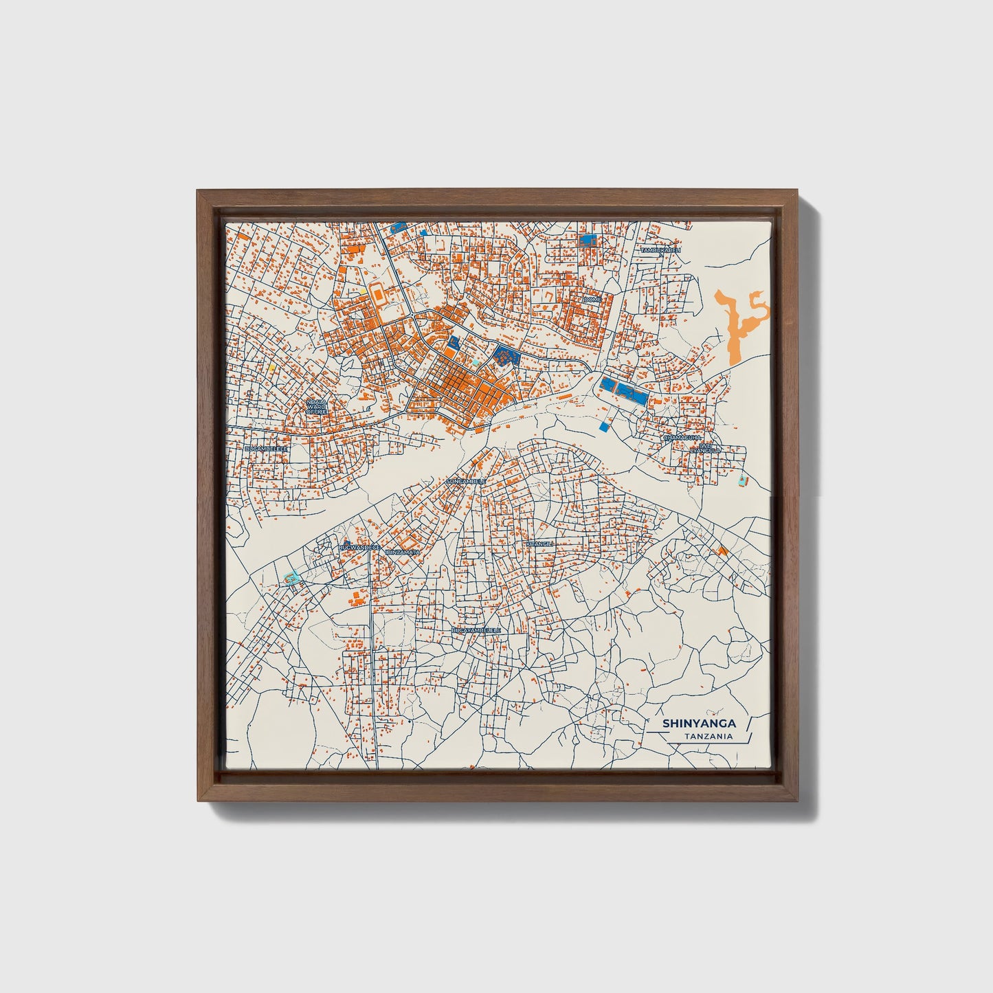Shinyanga Tanzania Colorful City Map Canvas Print • Dark Wooden Framed