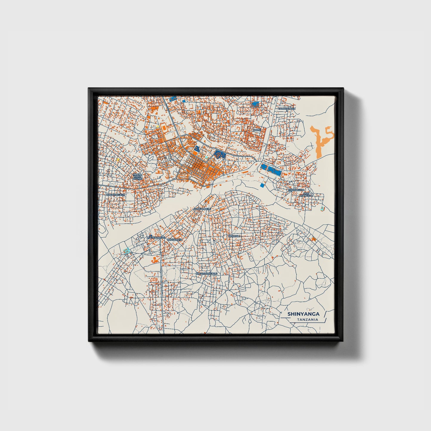 Shinyanga Tanzania Colorful City Map Canvas Print • Black Framed