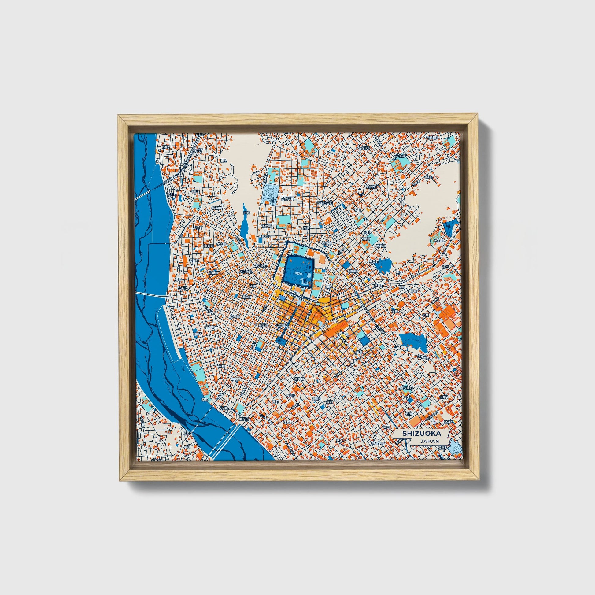 Shizuoka Japan Colorful City Map Canvas Print • Natural Wooden Framed
