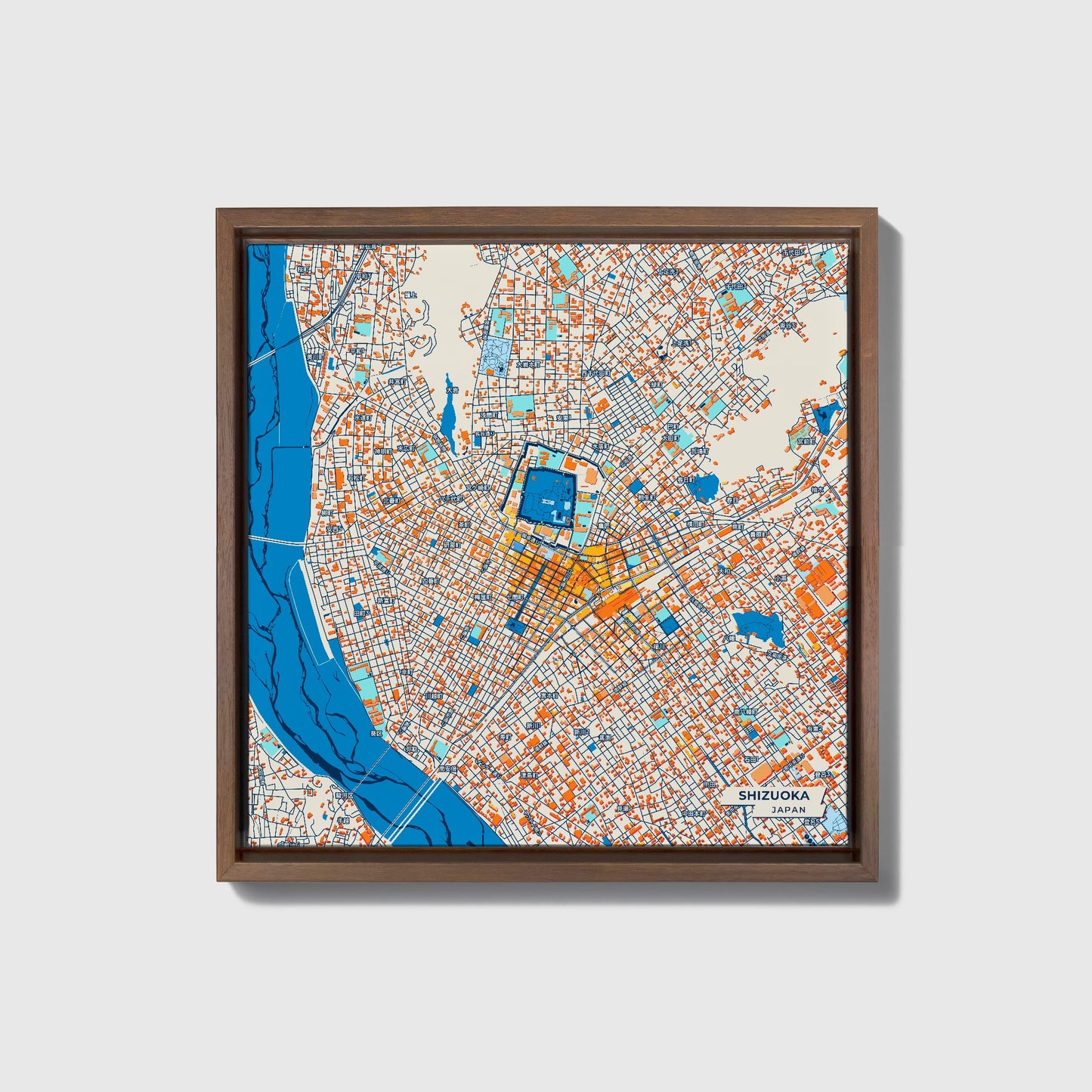Shizuoka Japan Colorful City Map Canvas Print • Dark Wooden Framed