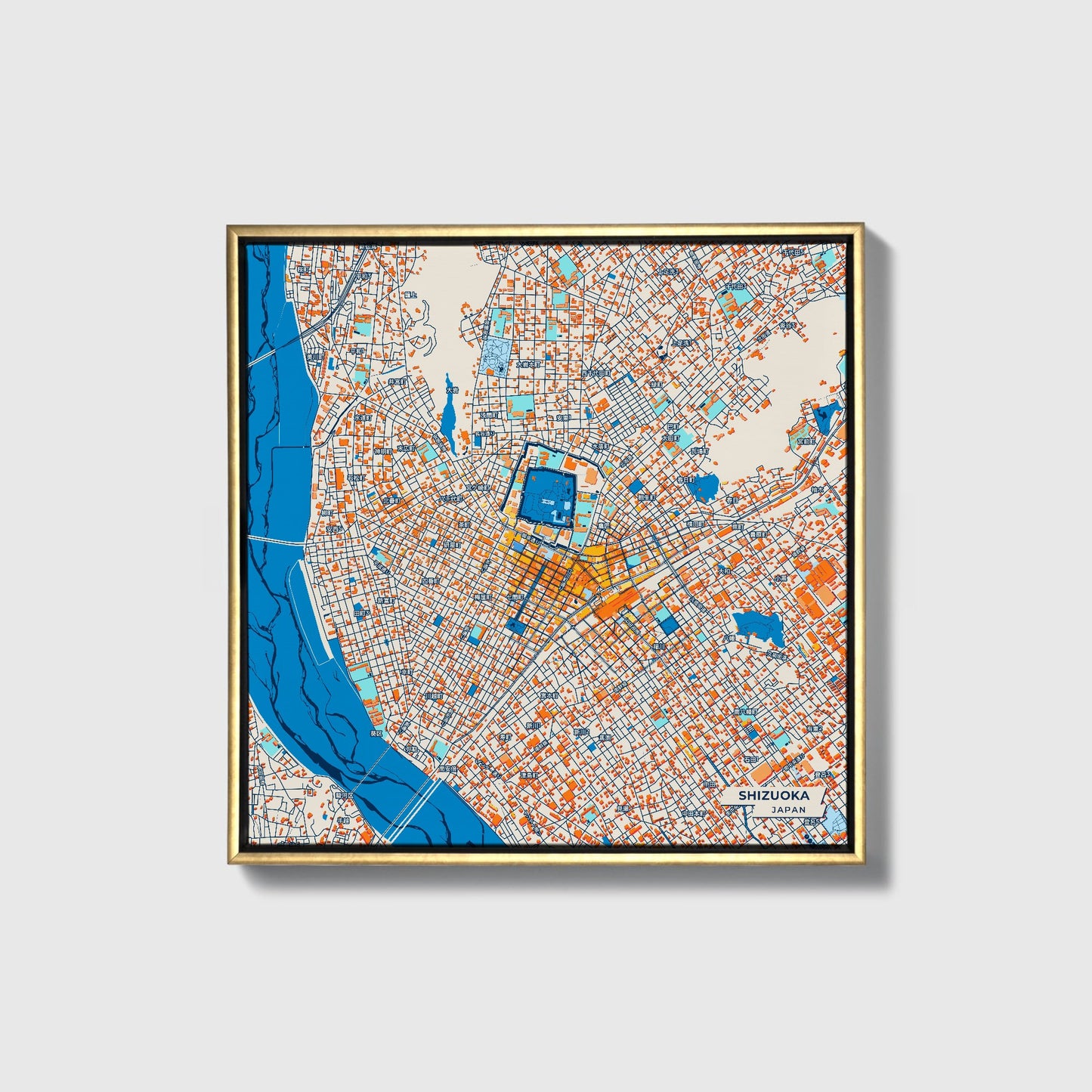 Shizuoka Japan Colorful City Map Canvas Print • Gold Framed