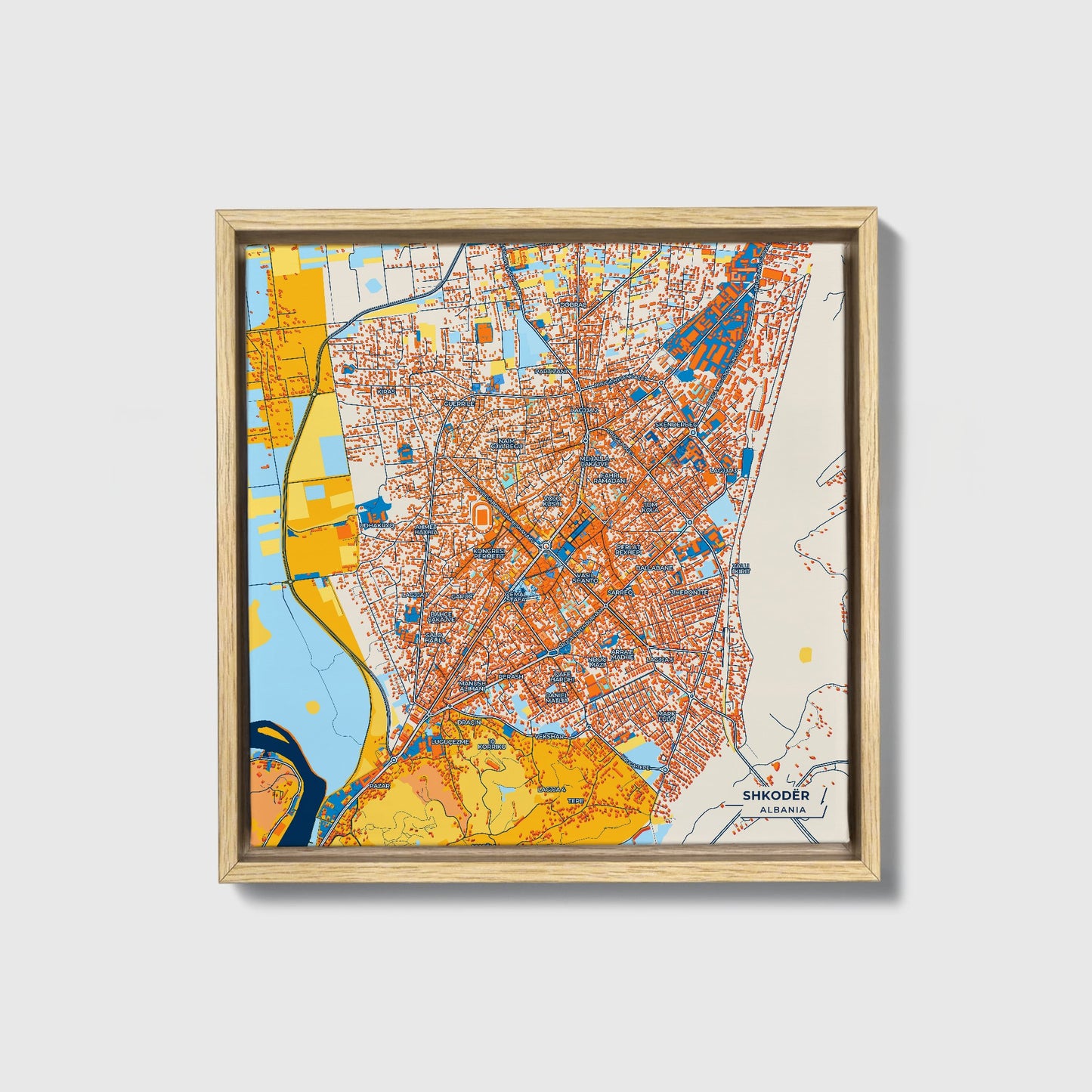 Shkodër Albania Colorful City Map Canvas Print • Natural Wooden Framed