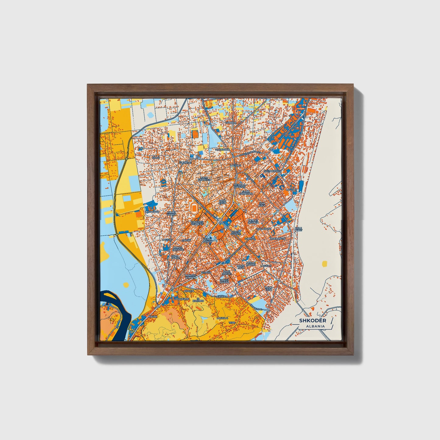 Shkodër Albania Colorful City Map Canvas Print • Dark Wooden Framed
