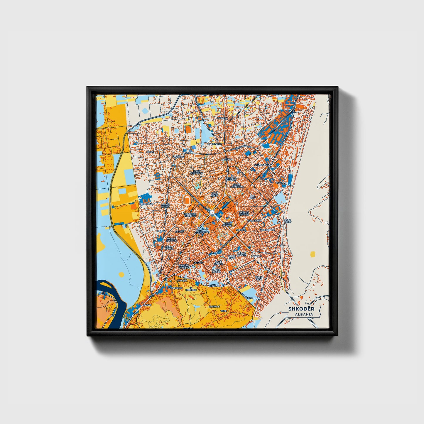 Shkodër Albania Colorful City Map Canvas Print • Black Framed