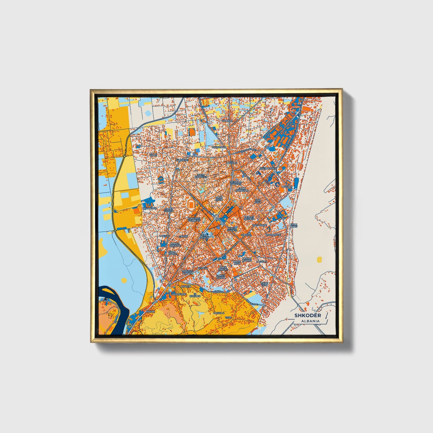 Shkodër Albania Colorful City Map Canvas Print • Gold Framed