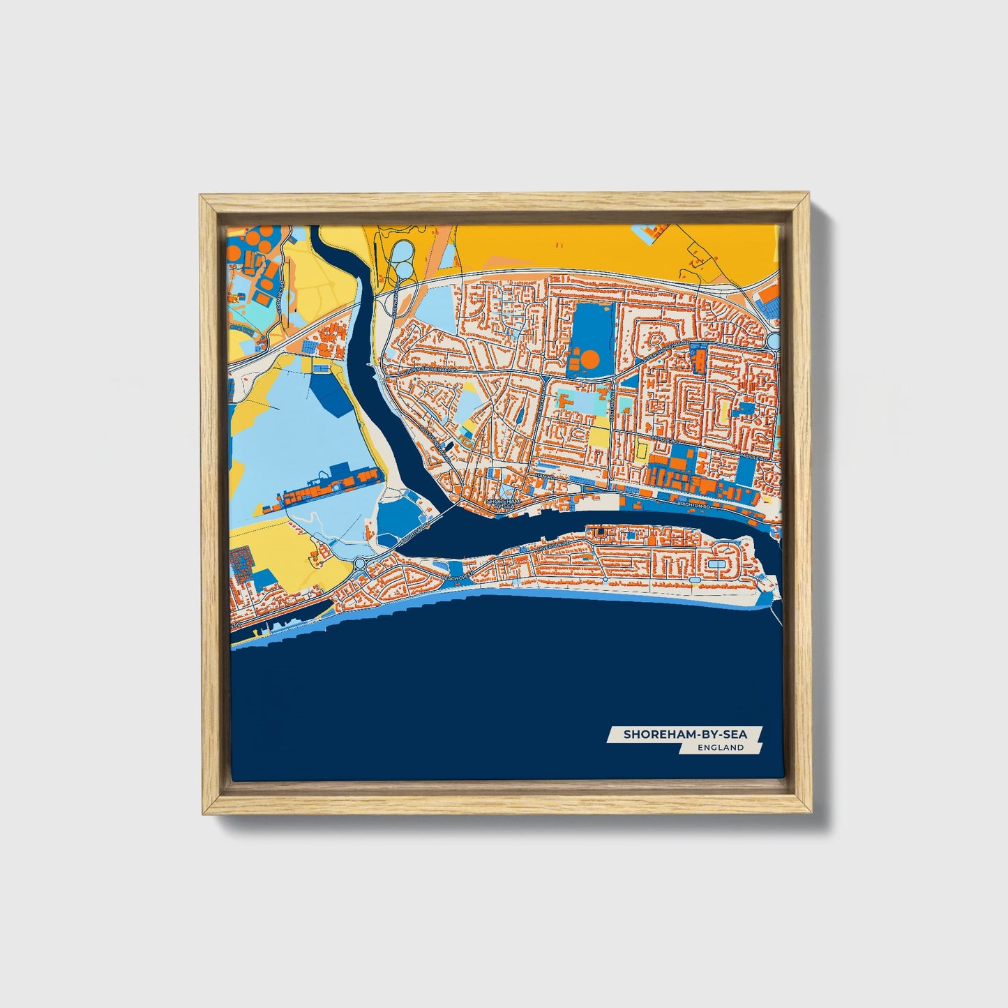 Shoreham-By-Sea England Colorful City Map Canvas Print • Natural Wooden Framed
