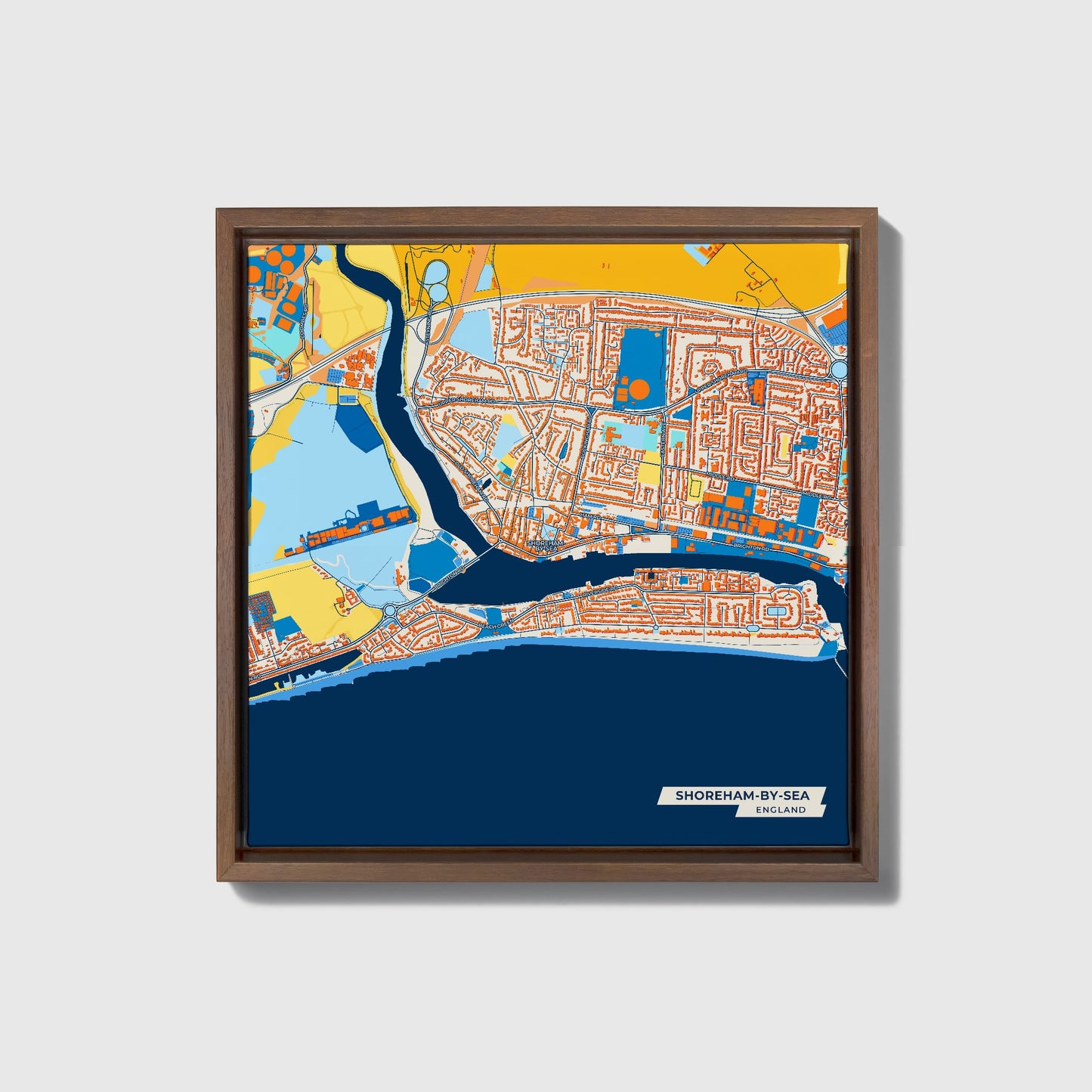 Shoreham-By-Sea England Colorful City Map Canvas Print • Dark Wooden Framed