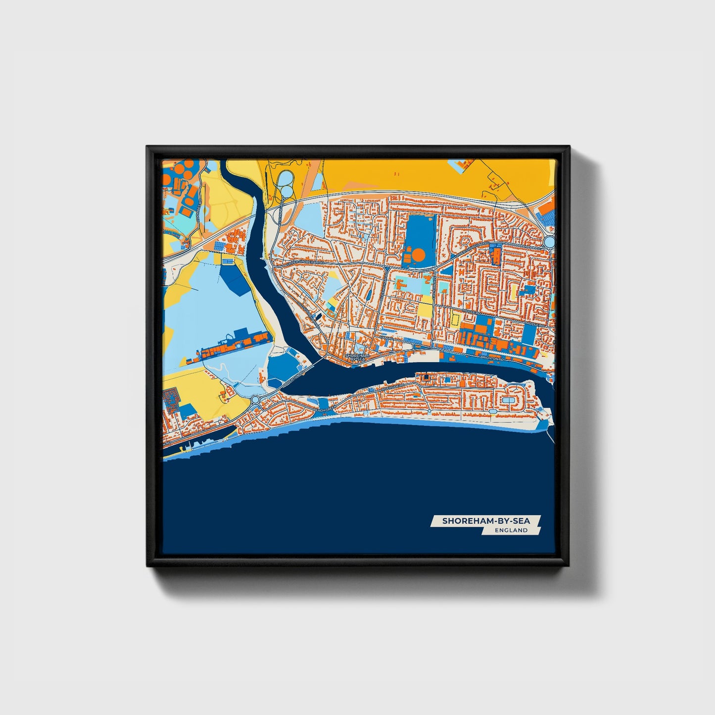 Shoreham-By-Sea England Colorful City Map Canvas Print • Black Framed