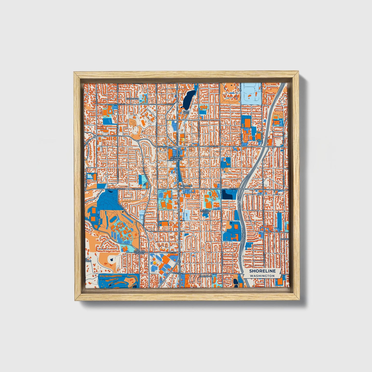 Shoreline Washington Colorful City Map Canvas Print • Natural Wooden Framed