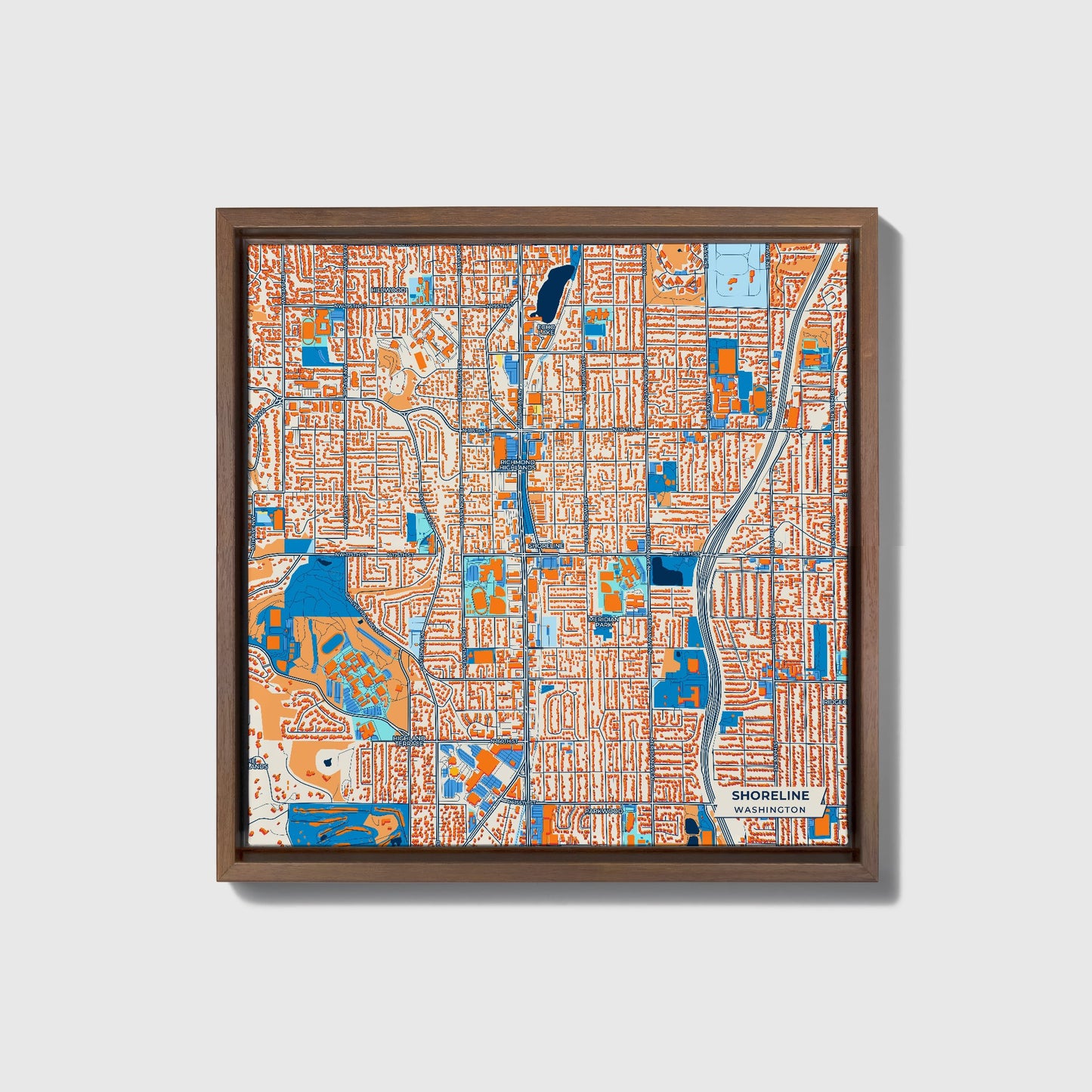 Shoreline Washington Colorful City Map Canvas Print • Dark Wooden Framed