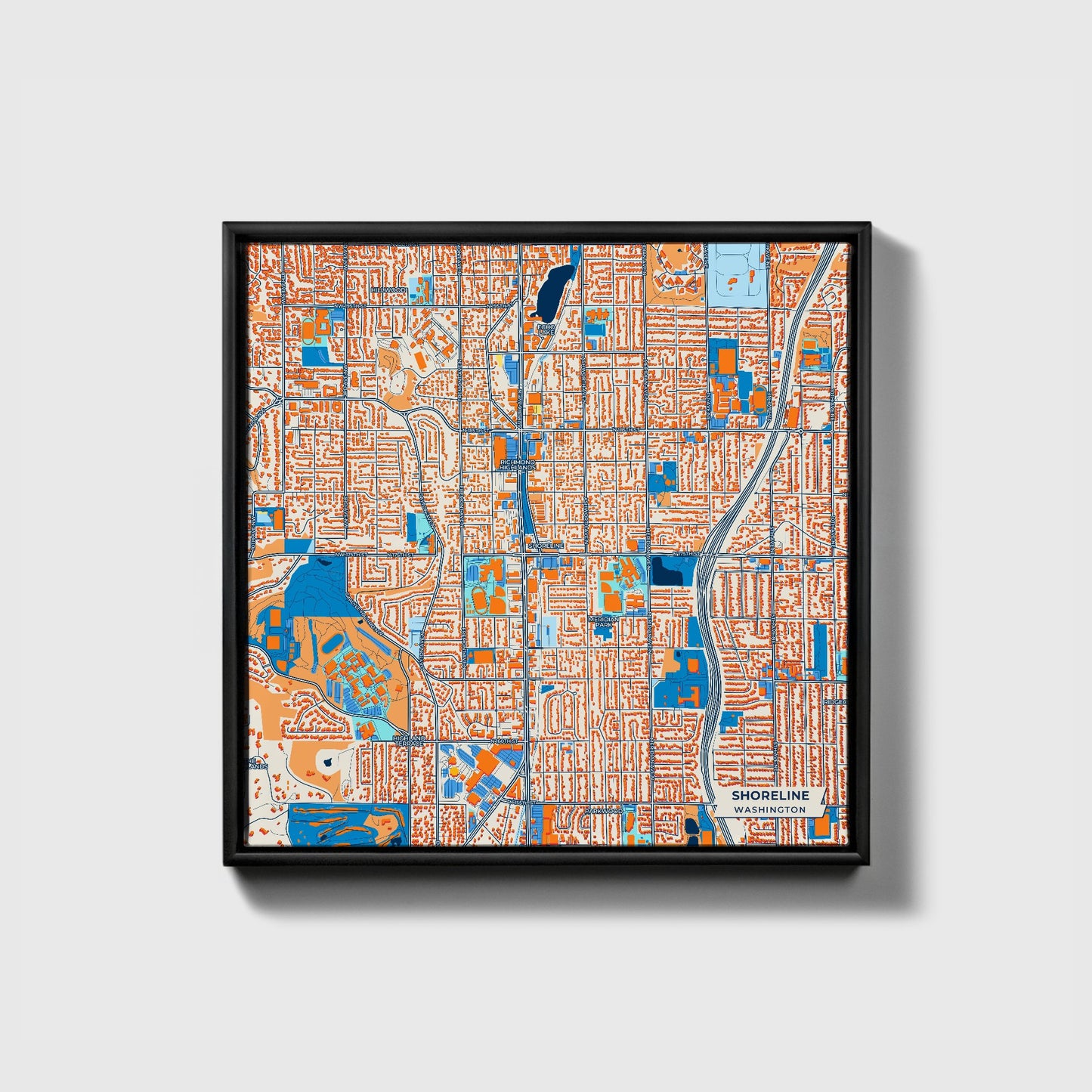 Shoreline Washington Colorful City Map Canvas Print • Black Framed