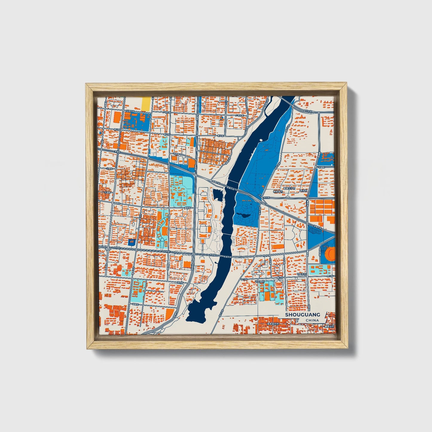 Shouguang China Colorful City Map Canvas Print • Natural Wooden Framed