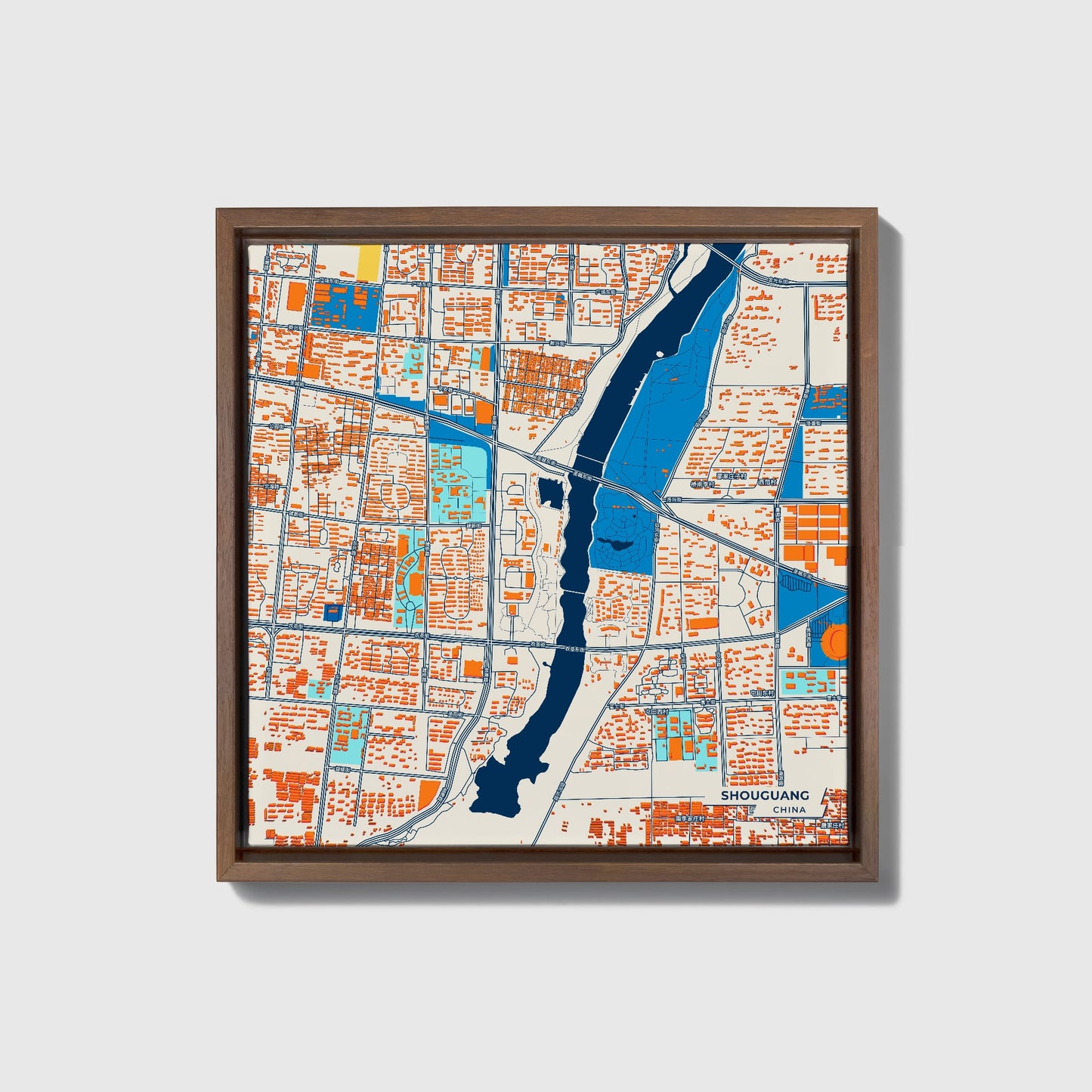 Shouguang China Colorful City Map Canvas Print • Dark Wooden Framed