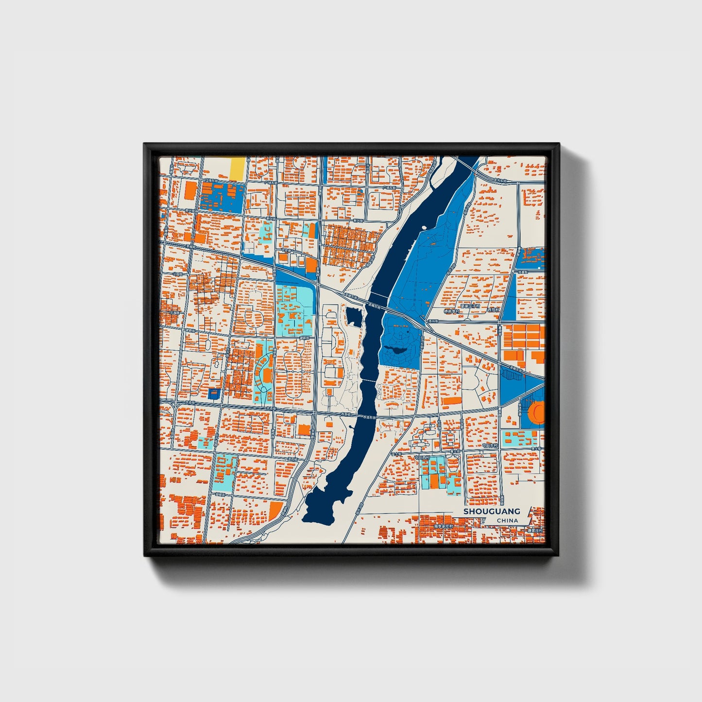 Shouguang China Colorful City Map Canvas Print • Black Framed
