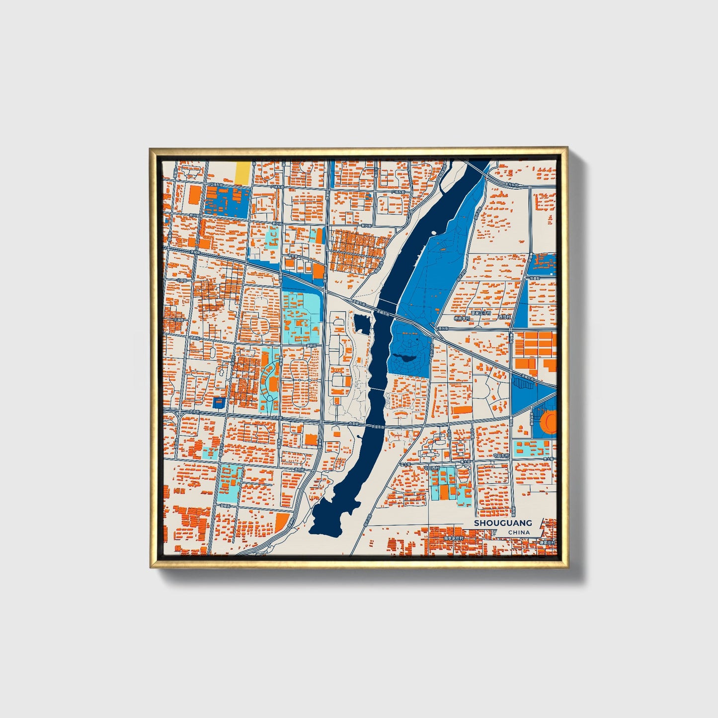 Shouguang China Colorful City Map Canvas Print • Gold Framed