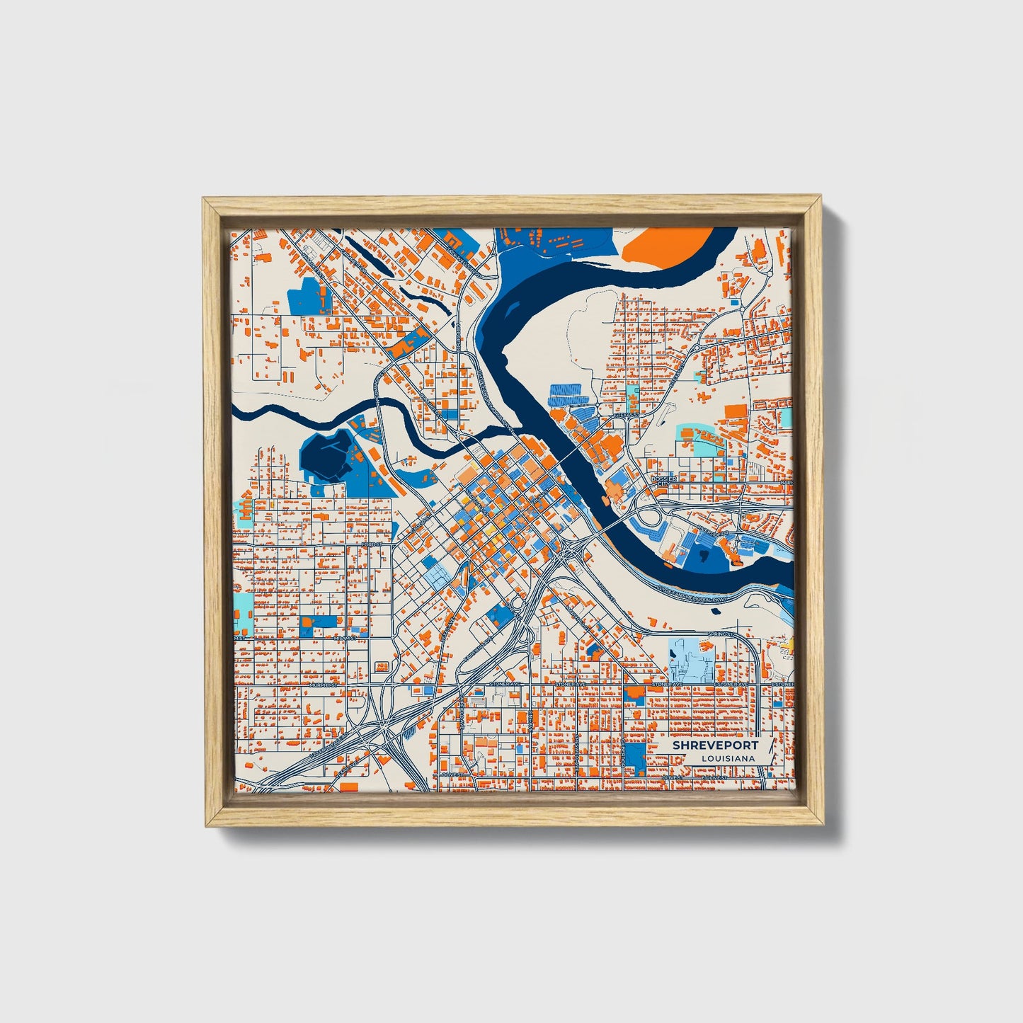 Shreveport Louisiana Colorful City Map Canvas Print • Natural Wooden Framed
