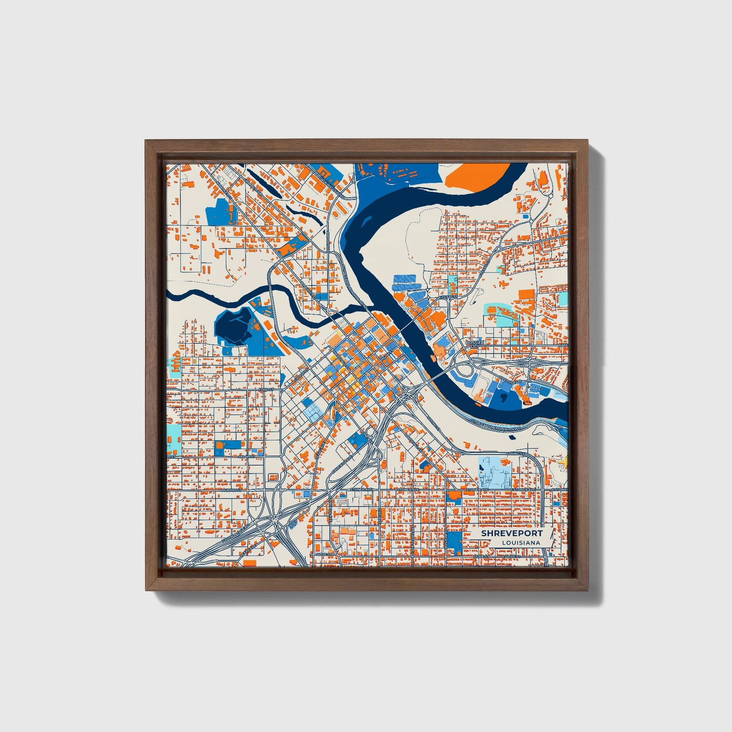 Shreveport Louisiana Colorful City Map Canvas Print • Dark Wooden Framed