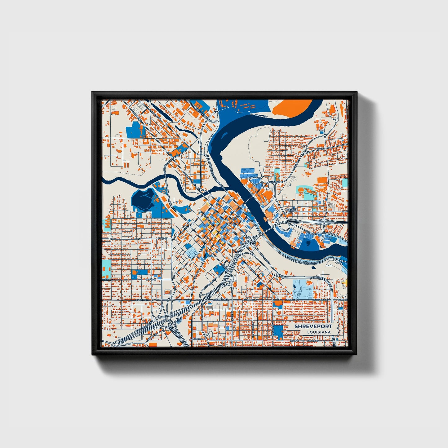 Shreveport Louisiana Colorful City Map Canvas Print • Black Framed