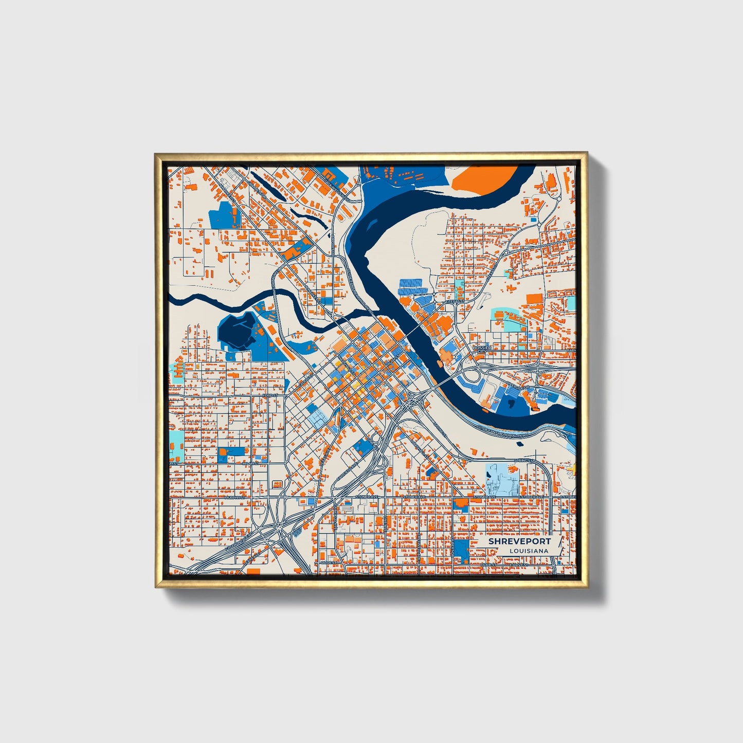 Shreveport Louisiana Colorful City Map Canvas Print • Gold Framed