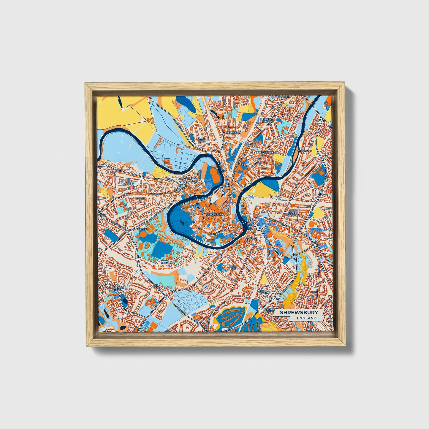 Shrewsbury England Colorful City Map Canvas Print • Natural Wooden Framed