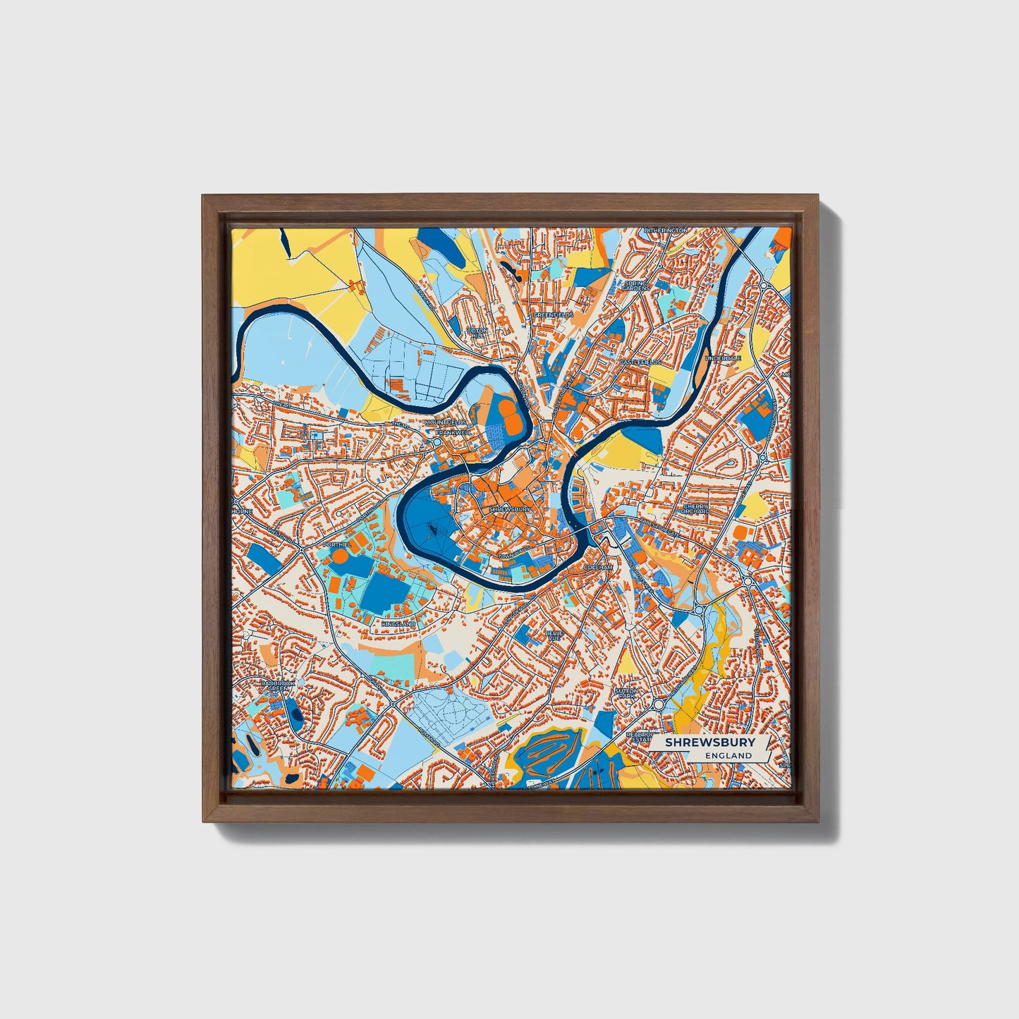 Shrewsbury England Colorful City Map Canvas Print • Dark Wooden Framed