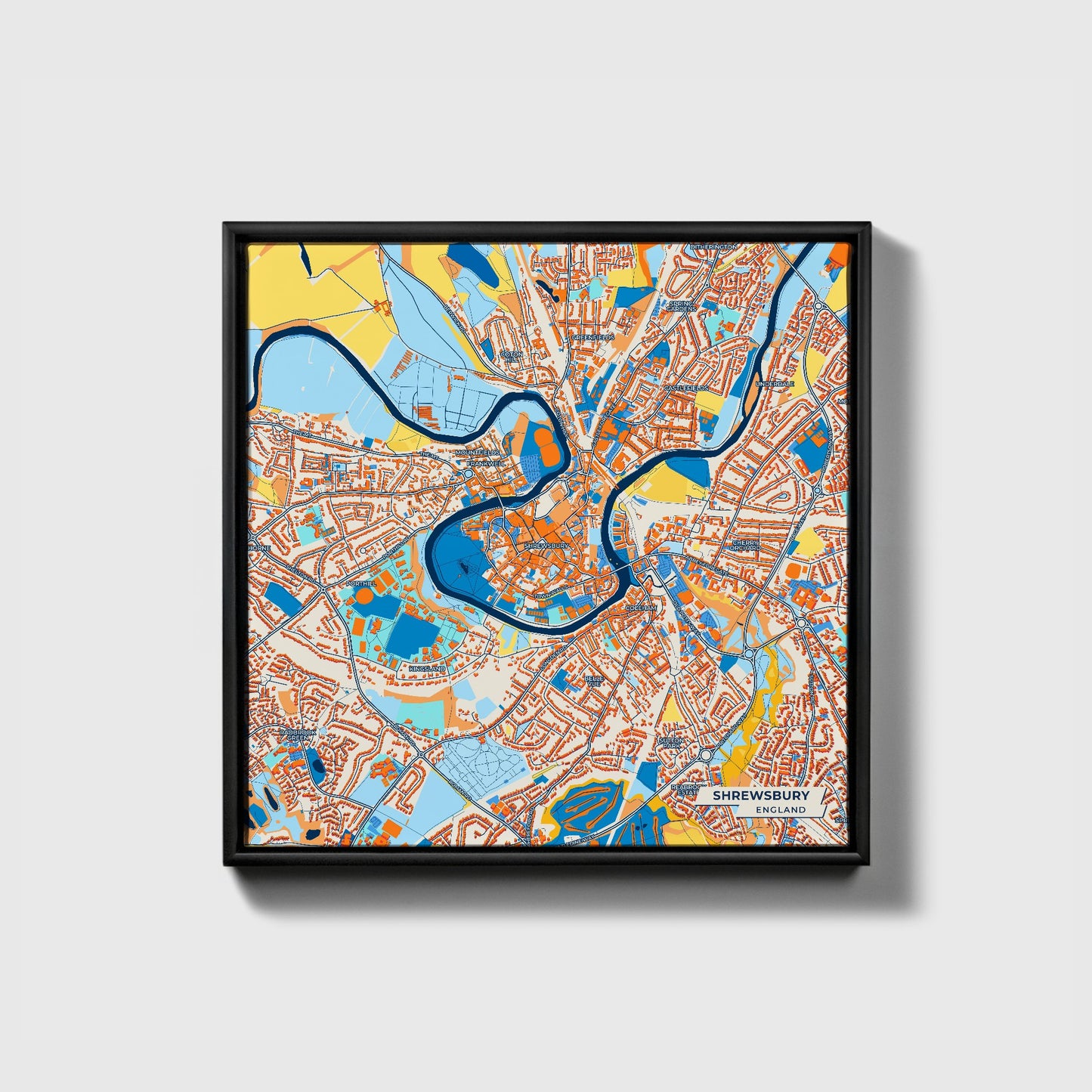 Shrewsbury England Colorful City Map Canvas Print • Black Framed